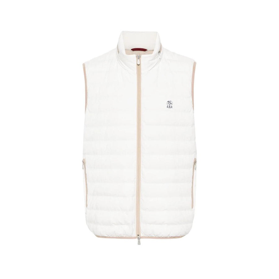 Brunello Cucinelli Men's Logo Embroidered High Neck Zipper Solid Color Fitted Straight Sleeveless Down Vest Ngvp #9665