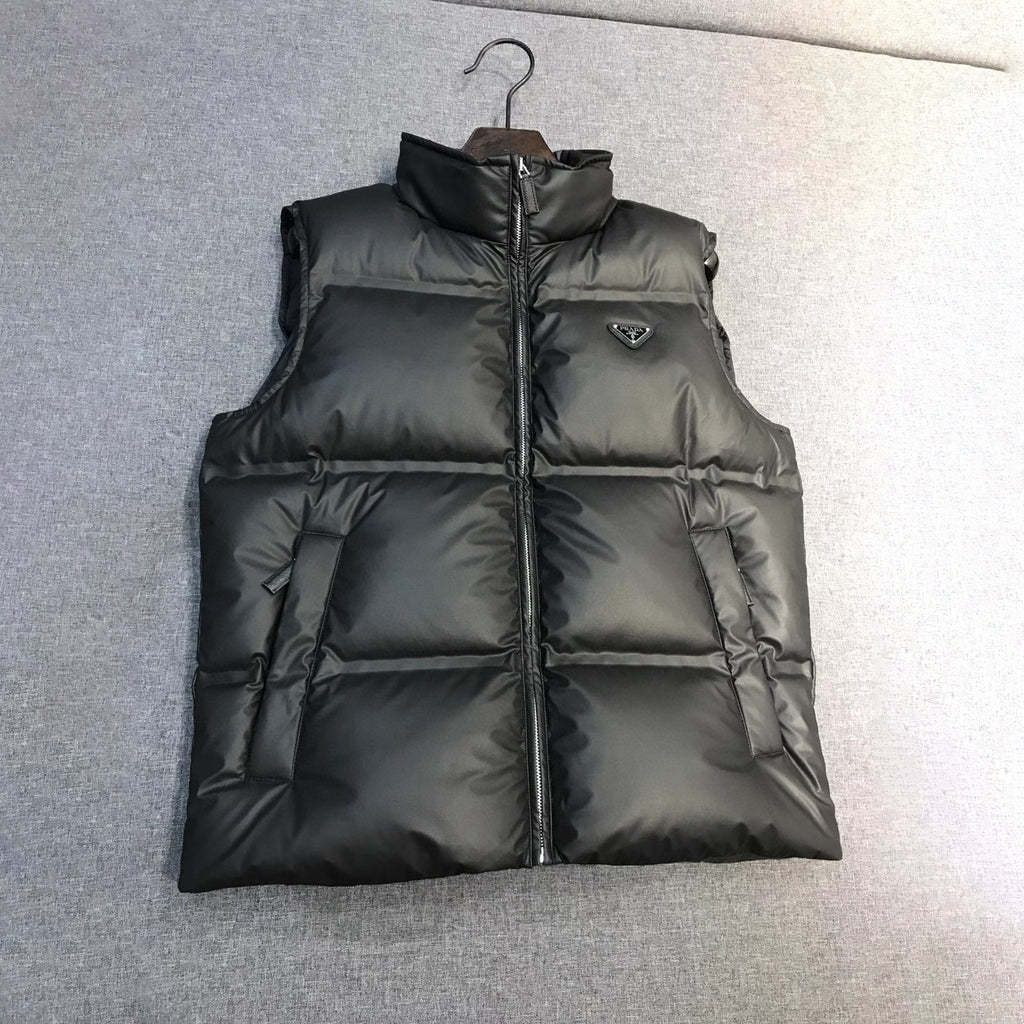 Prada Men's And Women's Autumn/Winter Fashion Classic Solid Color High Neck Zipper Premium Fashion Style Business Casual Leather Down Vest #79435