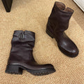 Prada Women's Fall And Winter Western Super Cool Independent Style Calf Boots Leather Buckle Fashion Trend Casual Mid-calf Knight Boots Shoes Ngvp #2258