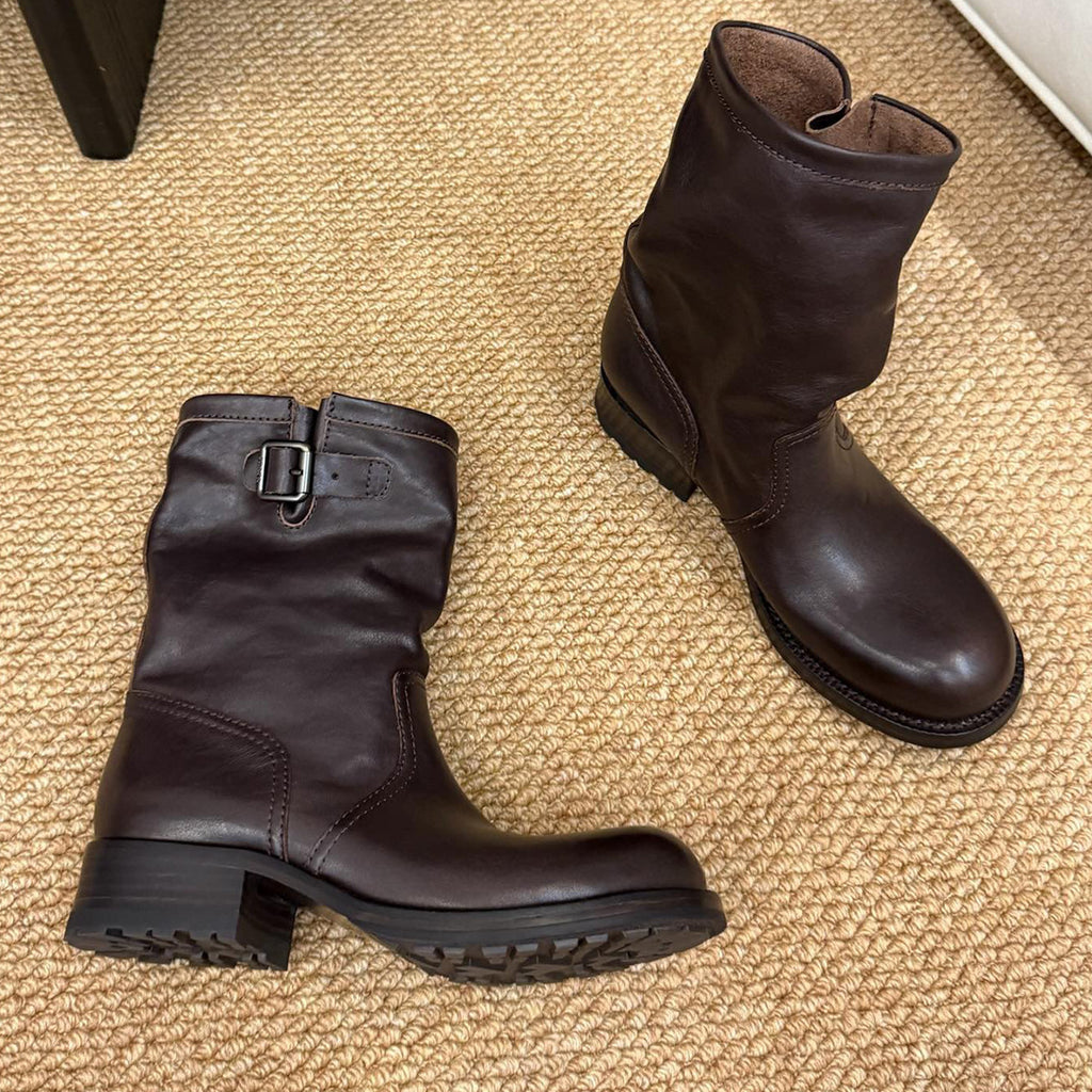 Prada Women's Fall And Winter Western Super Cool Independent Style Calf Boots Leather Buckle Fashion Trend Casual Mid-calf Knight Boots Shoes Ngvp #2258