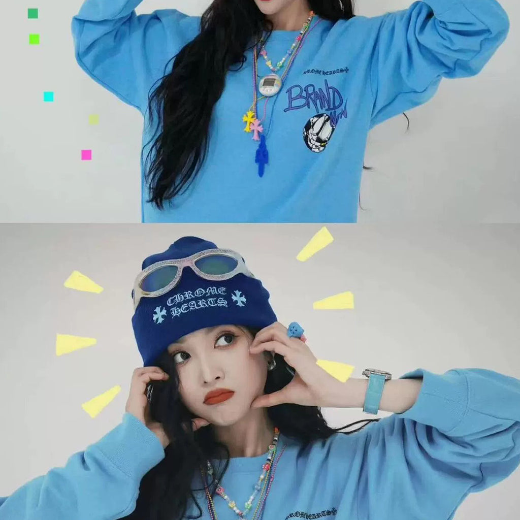Chrome Hearts Men's Women's Spring Summer Fashion Letter Graffiti Blue Round Neck Long Sleeve Top #98727
