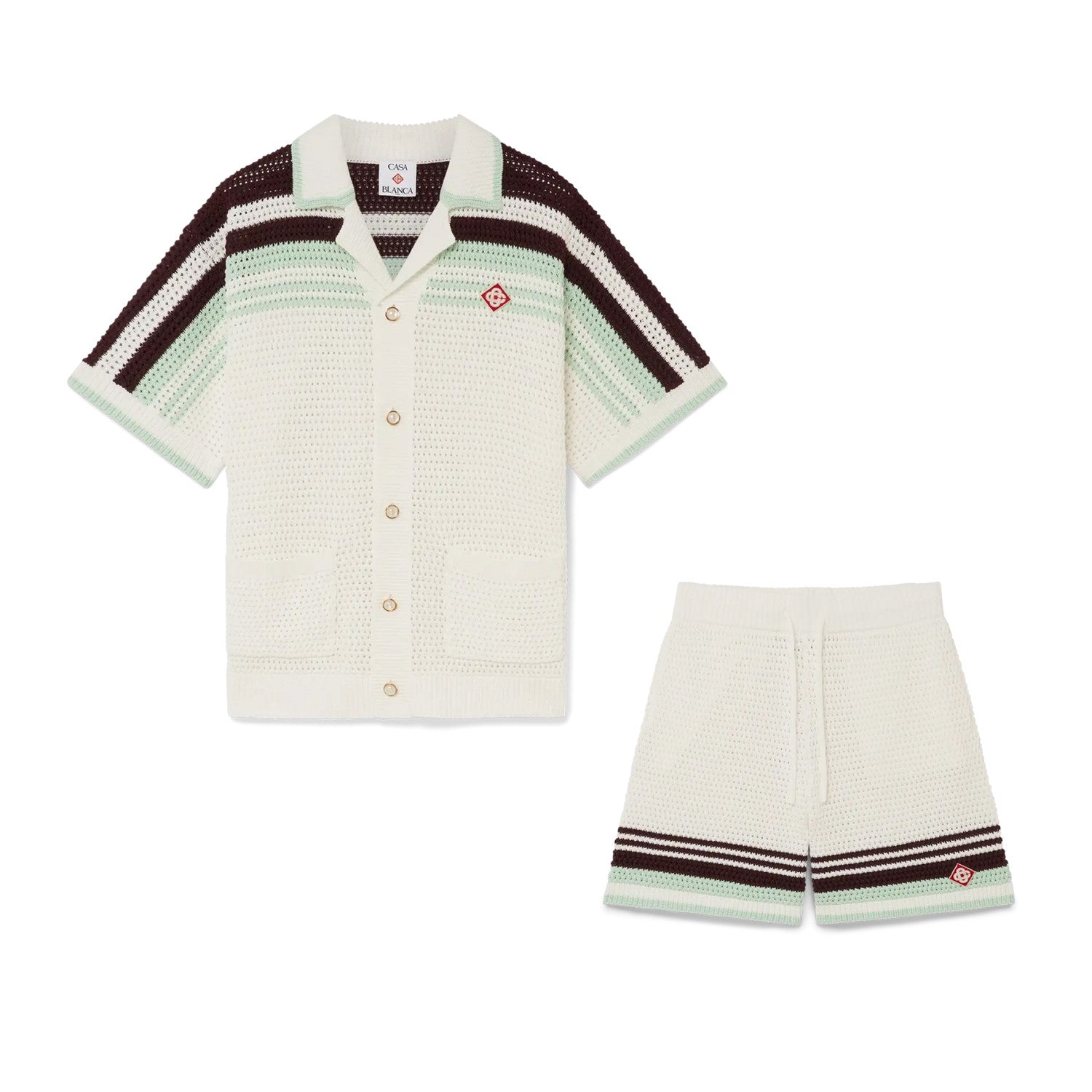 Casablanca Men's Summer Fashion Casual V-Neck Single Button Knit Striped Sweater Shirt with Elastic Drawstring Waist Knit Striped Shorts Suit Set #78593