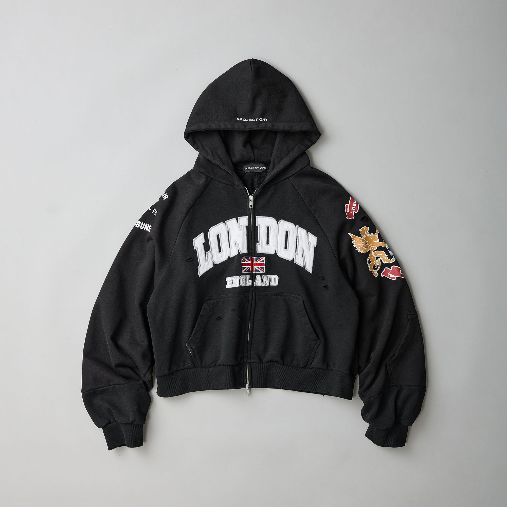 GRAILZ Men's Women's Zipper Doing Old Letter Print Double Pockets Solid Color Spring and Autumn Hooded Sweatshirt Ngvp #1913