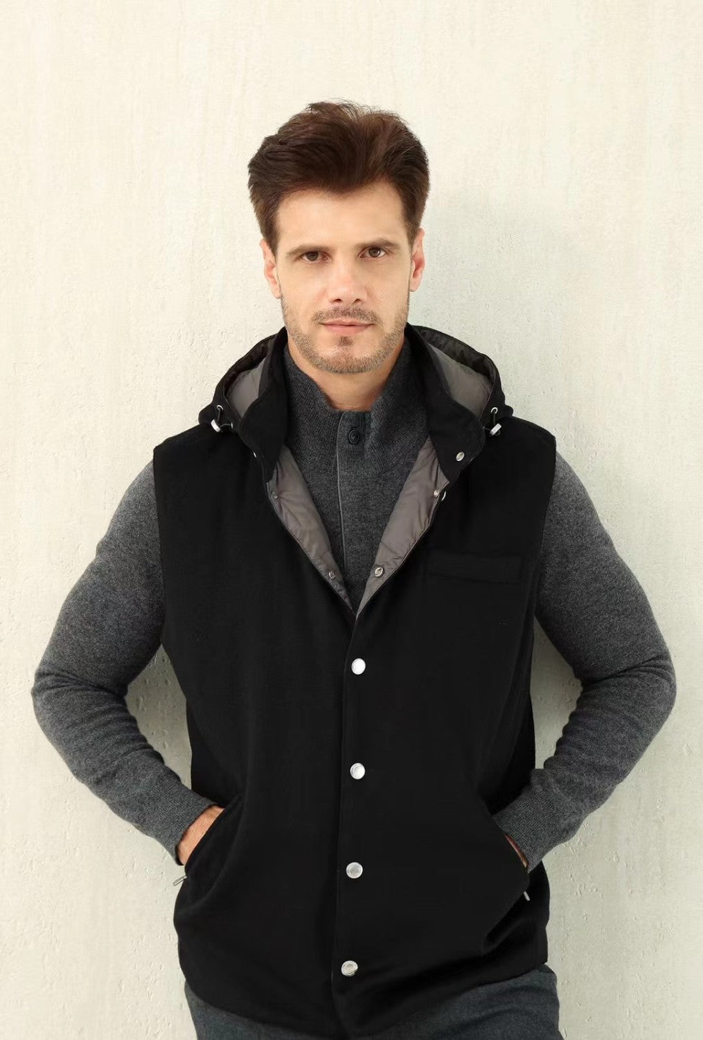 Brunello Cucinelli Men's Spring/Autumn Detachable Hooded Solid Color Single-Breasted Bonded Wool Flannel Down Vest Ngvp #2293