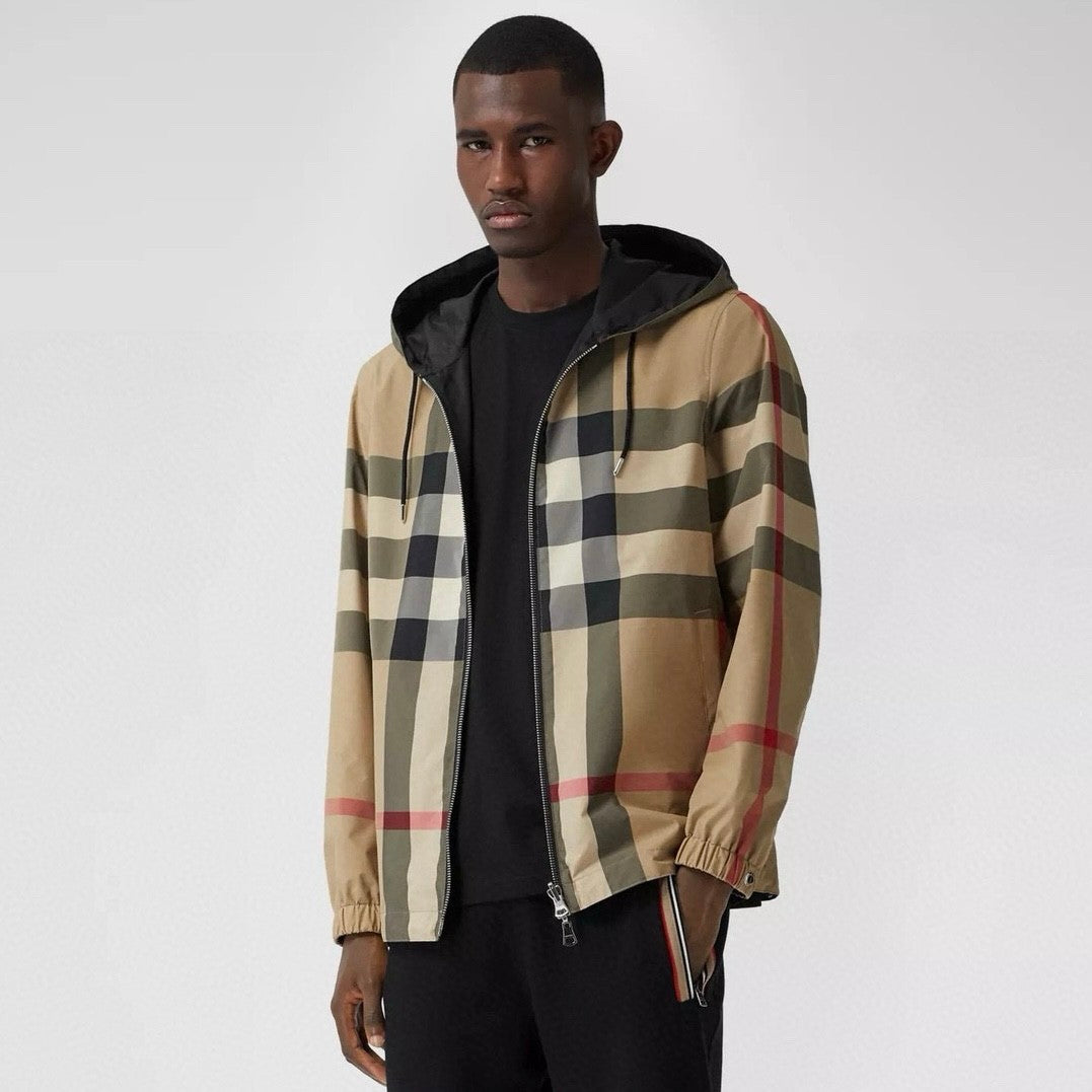 Burberry Men's Spring and Fall Reversible Plaid Checked Printed Hooded Long Sleeve Zipper Jacket #72612