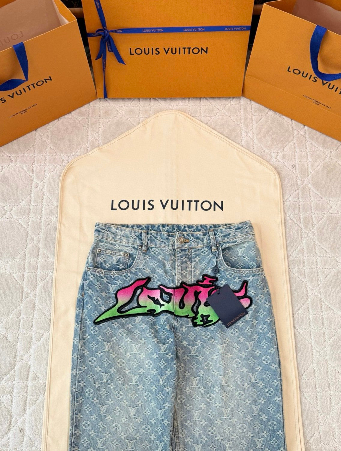 Louis Vuitton Men's Spring Autumn Solid Colour Graffiti Letter Print Casual Jeans Pants #76971