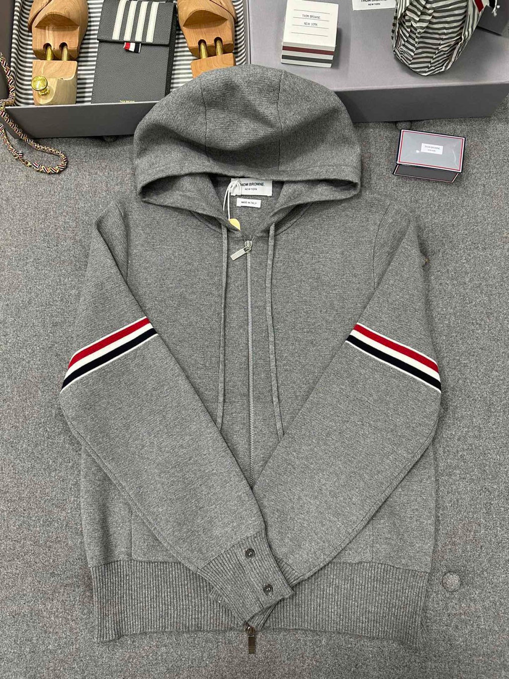 Thom Browne Men's Spring & Autumn Cotton Armband Embellished Solid Color Zipper Fitted Hooded Cardigan Jacket Ngvp #1943