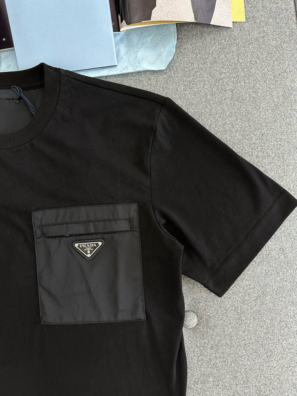 Prada Men's Summer Metal Triangle Label Nylon Pocket Crew Neck Cotton Short Sleeve T-Shirt #98973