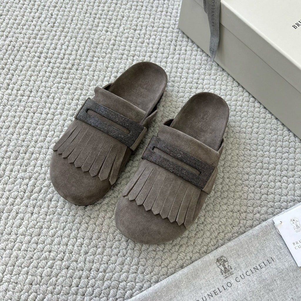 Brunello Cucinelli Monili Embellished Loafers Mule Shoes Women's Suede Slippers Solid Colour Fashion Trend Casual Comfort Slippers Sandals  Ngvp #1489