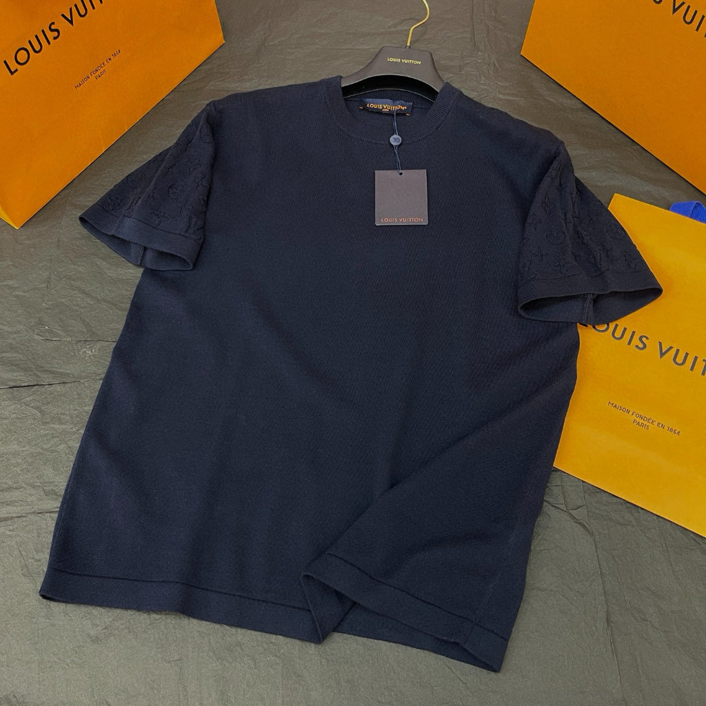 Louis Vuitton Men's Summer Letter Jacquard Pattern Navy Round Neck Cotton Short Sleeve T-Shirt #97886