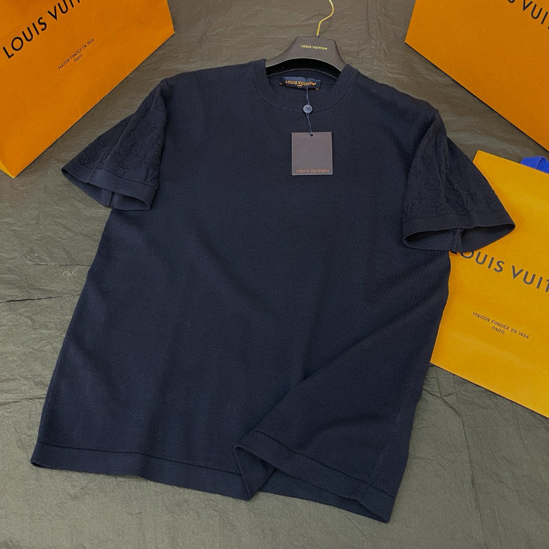 Louis Vuitton Men's Summer Letter Jacquard Pattern Navy Round Neck Cotton Short Sleeve T-Shirt #97886