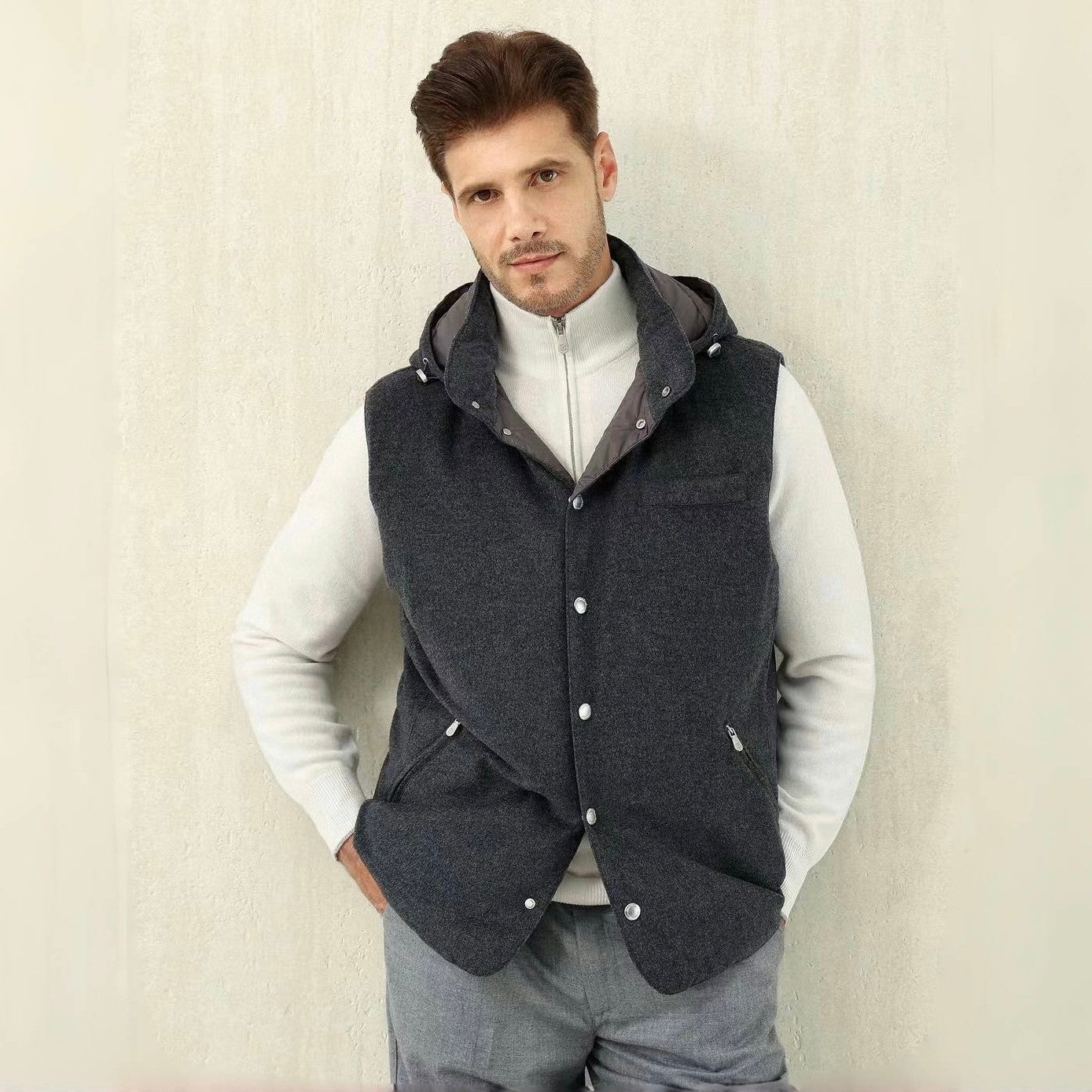 Brunello Cucinelli Men's Spring/Autumn Detachable Hooded Solid Color Single-Breasted Bonded Wool Flannel Down Vest Ngvp #2293