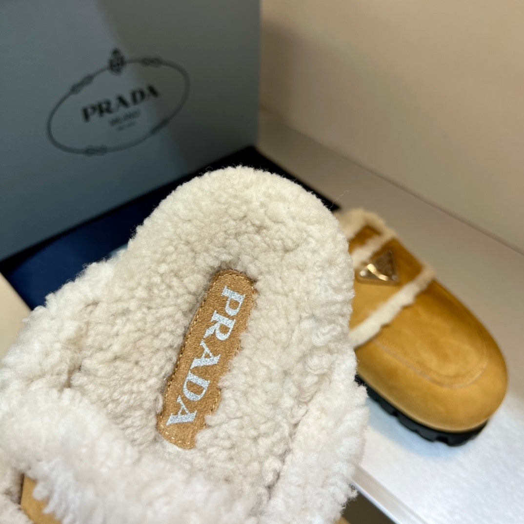 Prada Women's Fall/Winter Fashion Casual Round Toe Open Back Classic Logo Triangle Label Shearling Slippers Shoes #79521