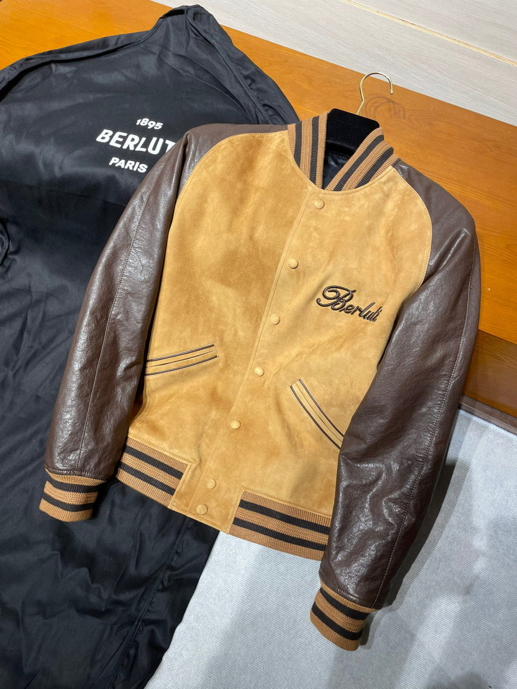 Berluti Suede Leather Patchwork Varsity Jacket #96481