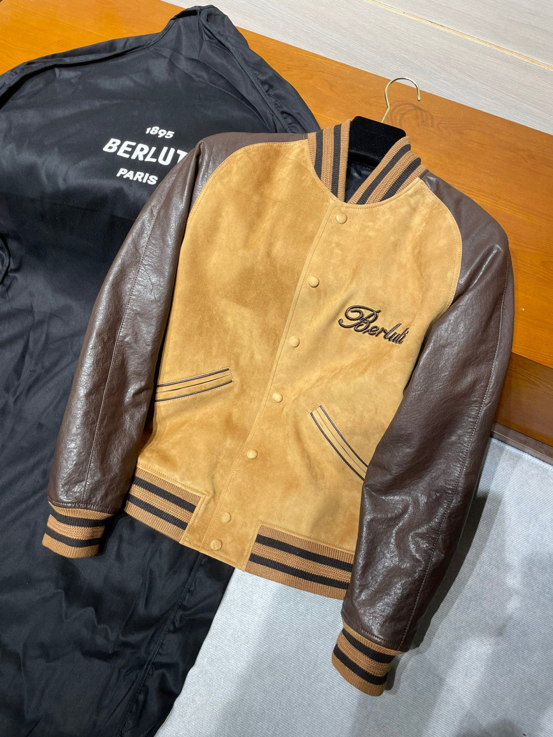 Berluti Suede Leather Patchwork Varsity Jacket #96481