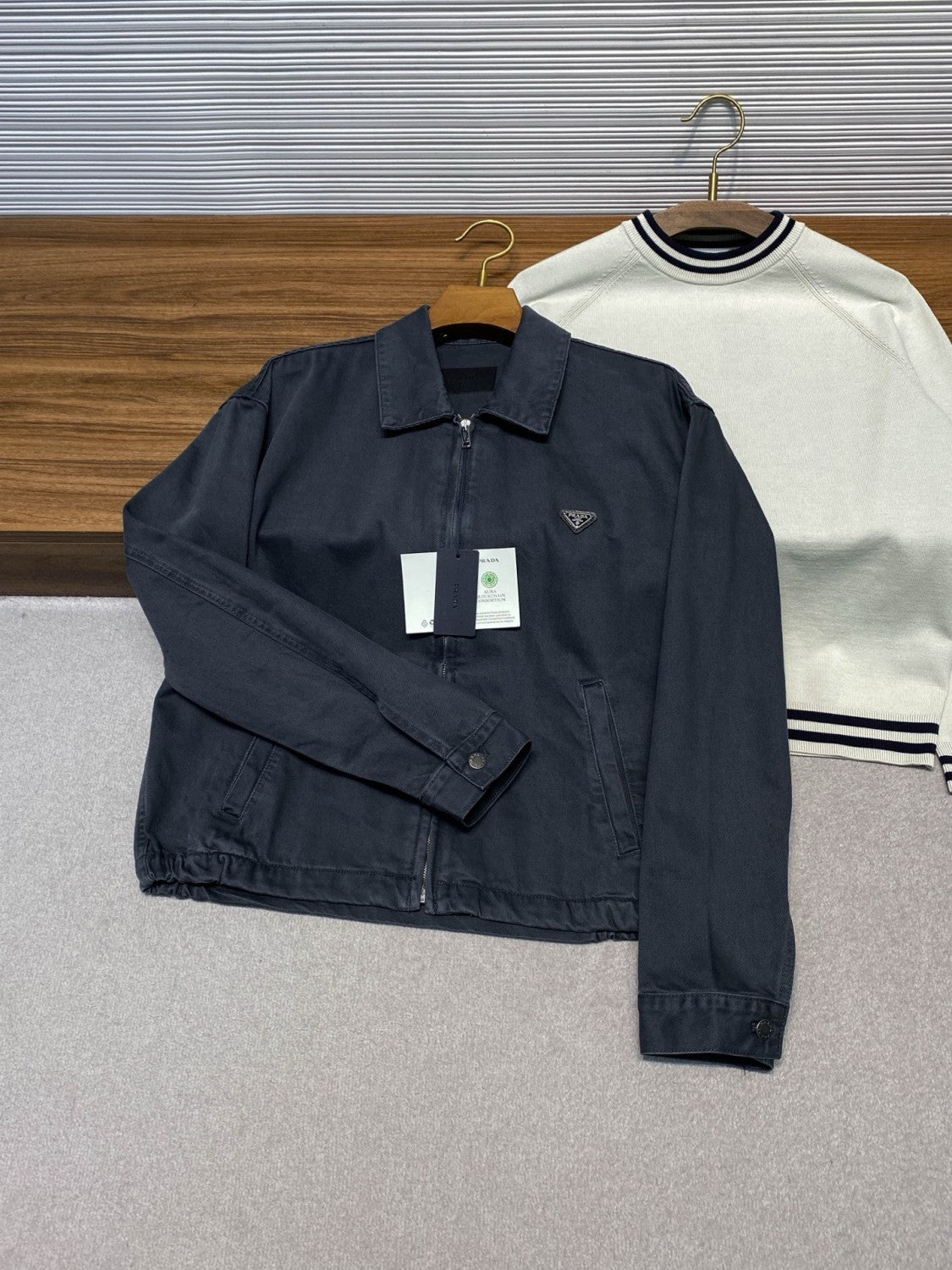 PRADA Men's Obsidian Denim Bomber Jacket Shirt-collar Zip-up Logo Long-sleeve Denim Jacket #332258
