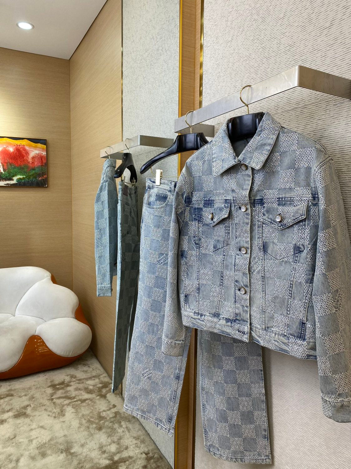 Louis Vuitton Men's Spring And Autumn Checkerboard  Print Jacquard Crystal Decoration Single Breasted Long Sleeved Denim Jacket Casual Jeans Pants Suit Set #75273