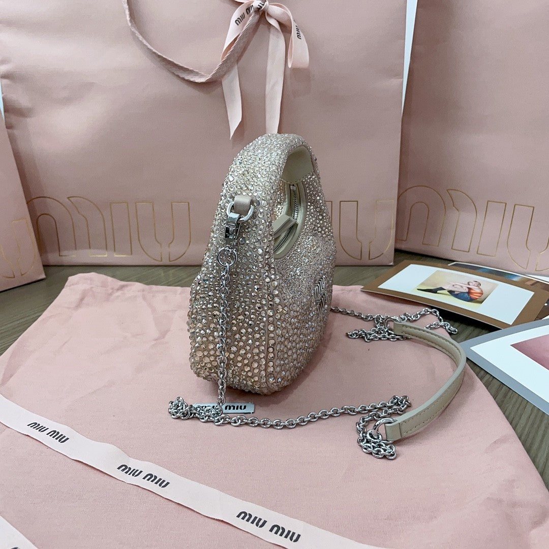 MiuMiu Wander Women's Metal Engraved Logo Detachable Chain Shoulder Strap Faux Crystal Embellished Shoulder Slanting Handbag Bag Bags #76744