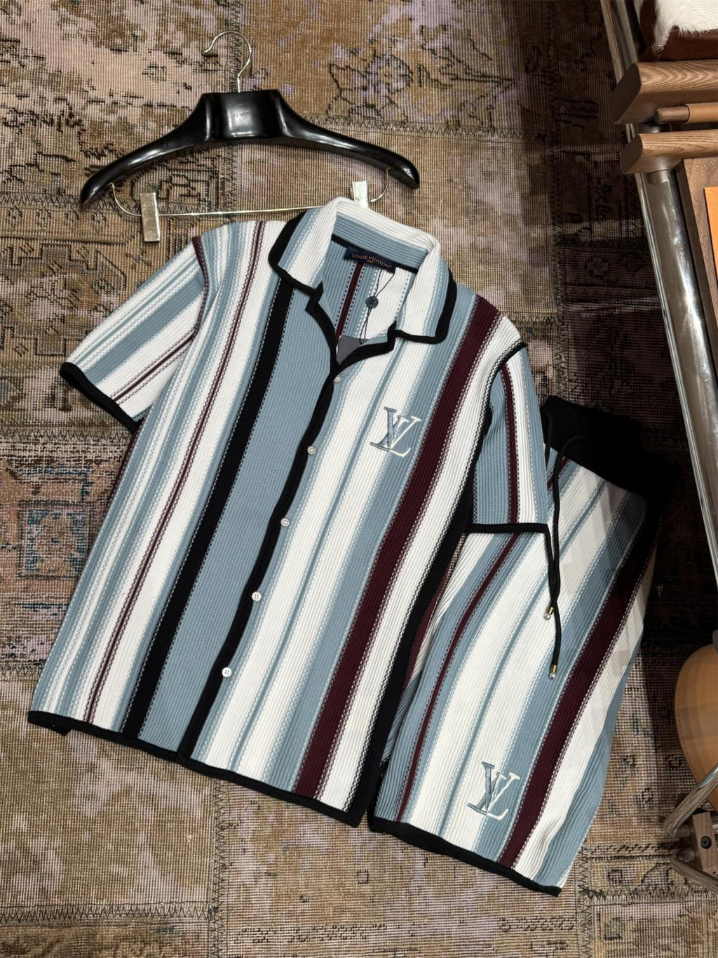 Louis Vuitton  Men's Summer Striped Crochet Single Breasted Short Sleeve Shirt Casual Lace-Up Shorts Suit Set #76893