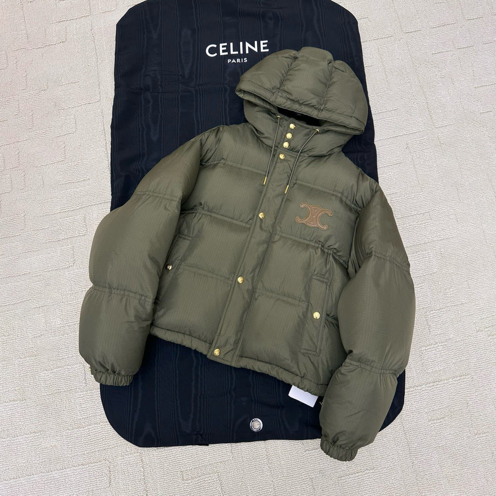Celine Men's And Women's Winter Fashion Casual Hooded Zipper Single Button Solid Color Logo Embellished Long Sleeve Down Jacket #79123