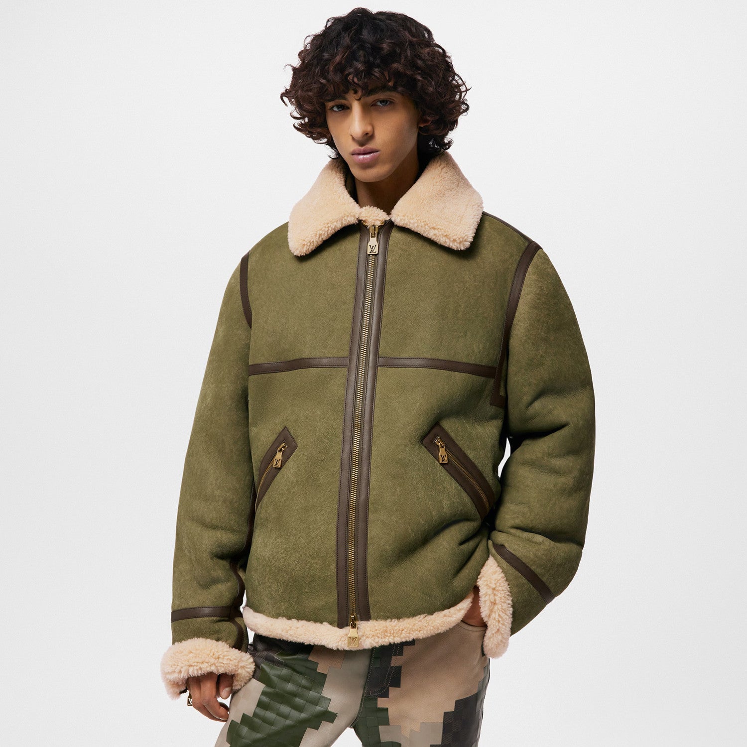 Louis Vuitton Men's Autumn and Winter Green Sheep Leather Patchwork Fur Collar Zipper Casual Long Sleeve Jacket #73367