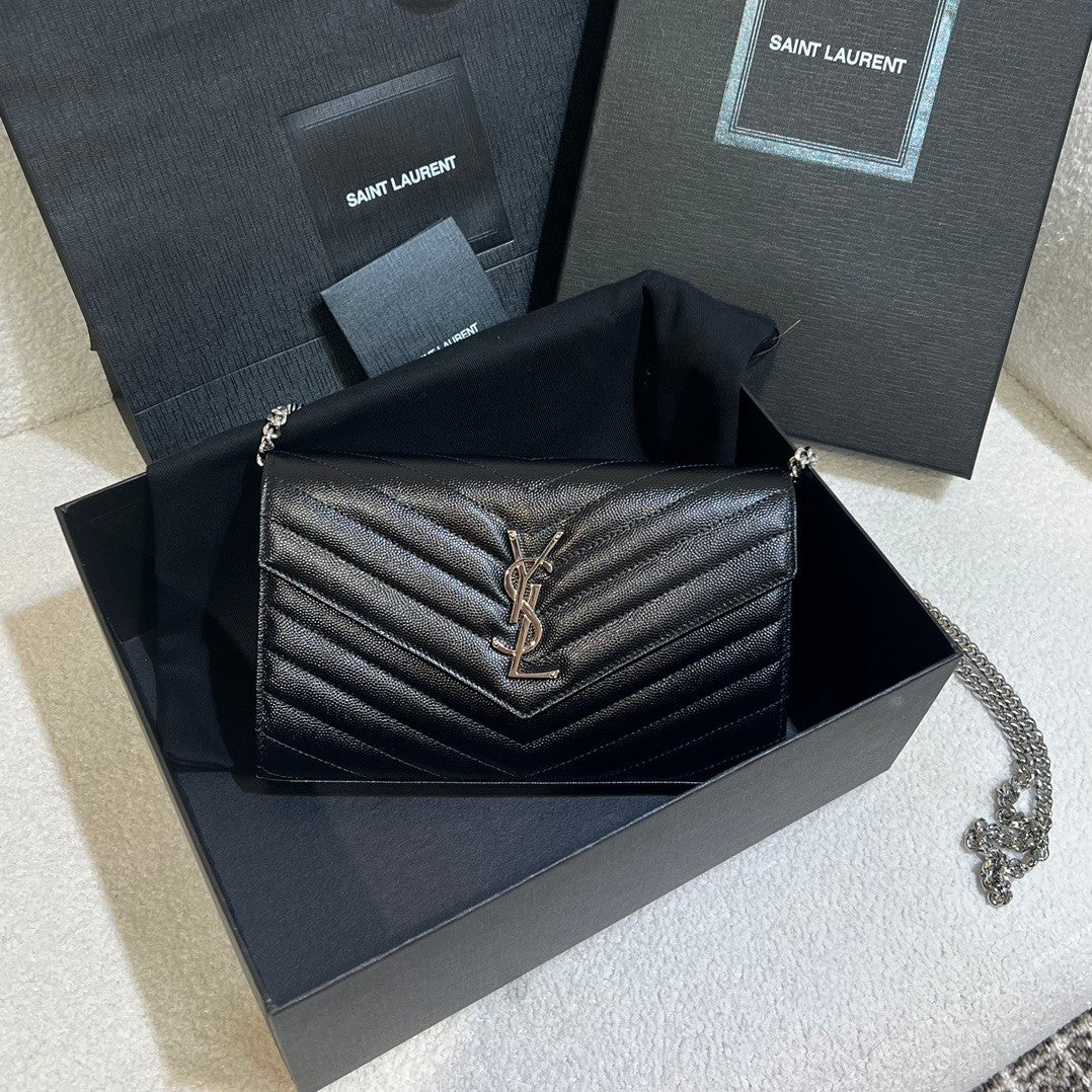 Saint Laurent Women's Classic Fashion Classic Cassandre Chain Wallet In Grain De Poudre Leather Logo Gold Chain Leather Shoulder Bag Crossbody Bag Bags Accessories 377828BOW021000 #78166