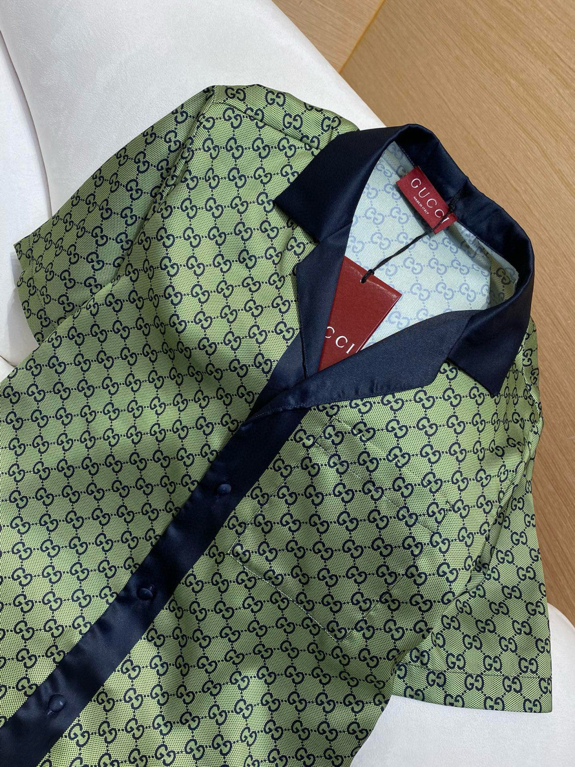 Gucci Men's Summer Logo Full Print Single Breasted Short Sleeve Shirt Stretch Waist Casual Shorts Set Suit #75939