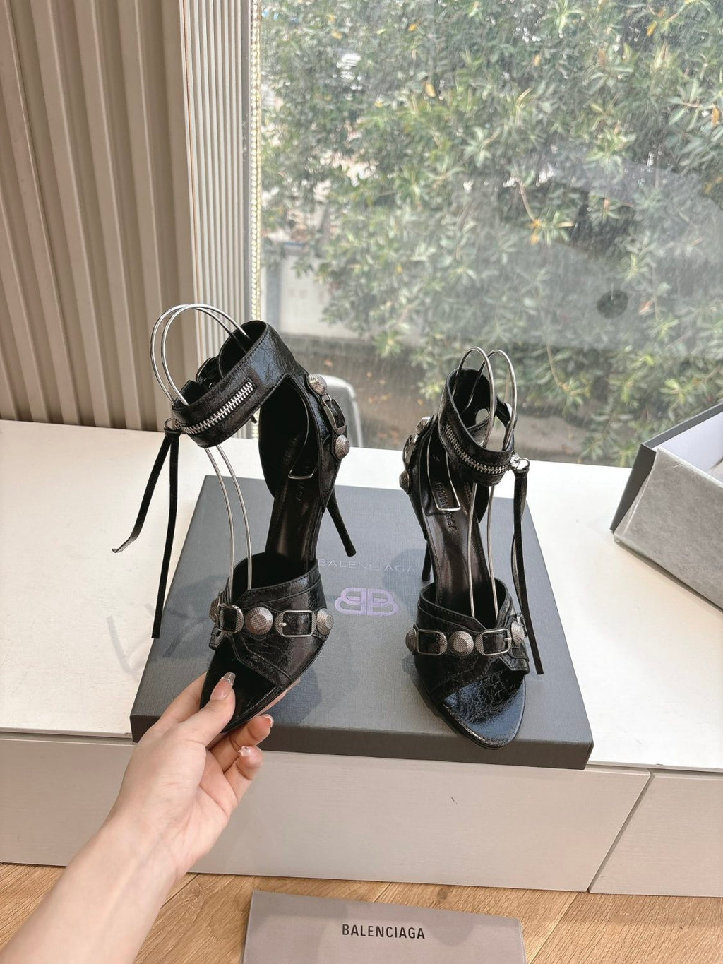 Balenciaga Cagole High Heeled Sandals Women's Spring And Summer Fashion Metal Rivets High Heeled Leather Shoes #81237