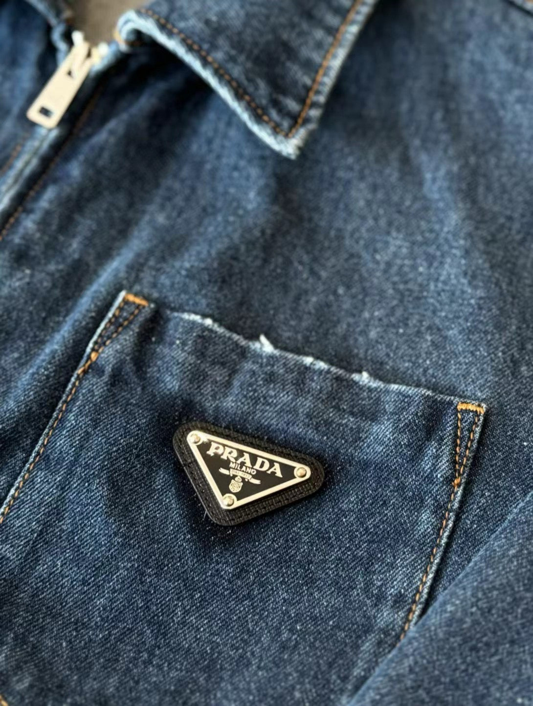 Prada Women's Spring/Fall Fashion Casual Zipper Collar Logo Triangle Emblem Denim Jacket #78971