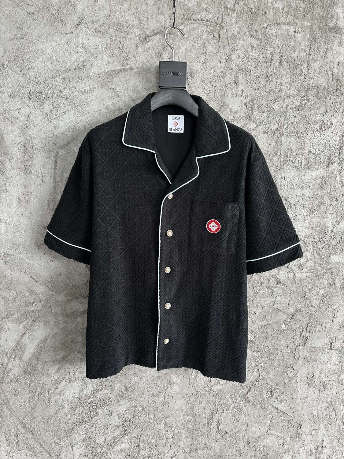 Casablanca Men's And Women's Spring/summer Fashion Casual Solid Color Towel Jacquard Collared Single Button Short Sleeve Shirt Waist Elastic Drawstring Towel Jacquard Casual Trousers Pants Suit Set #79547