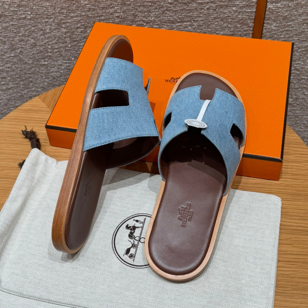Hermes  Men's Summer Izmir Sandals Embroidered Leather Cowboy Round Toe Flat Casual Slippers Shoes #81317