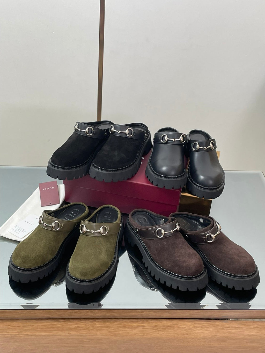 Gucci Women's Decorated Horsebit Buckle Mule Shoes Suede Leather Half Slippers Fashion Thick Bottom Height Increasing Shoes Heel Height:5cm  #81434