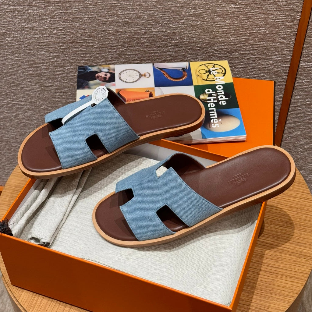Hermes  Men's Summer Izmir Sandals Embroidered Leather Cowboy Round Toe Flat Casual Slippers Shoes #81317