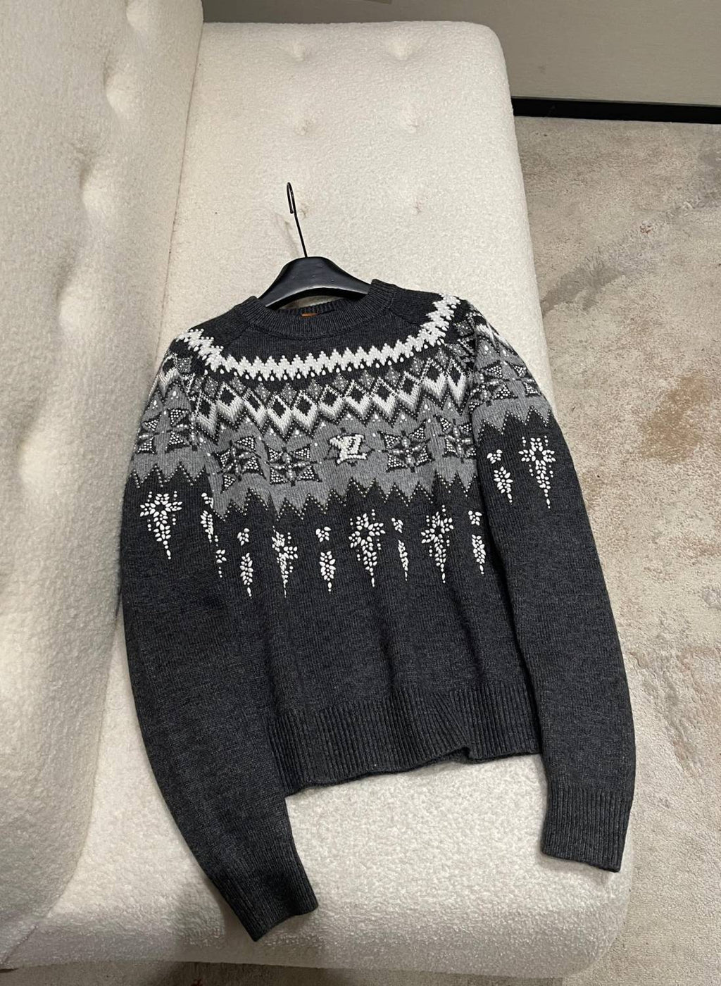 Louis Vuitton Men's Spring & Autumn Crew Neck Gray & White Embellished Cotton Wool Knit Sweater #74322