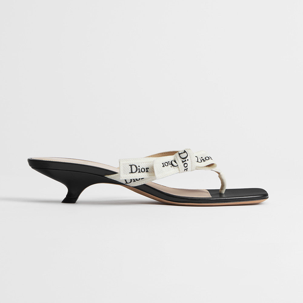 DIOR J Adior Heeled Thong Sandal White Embroidered Cotton and Black Lambskin #385829