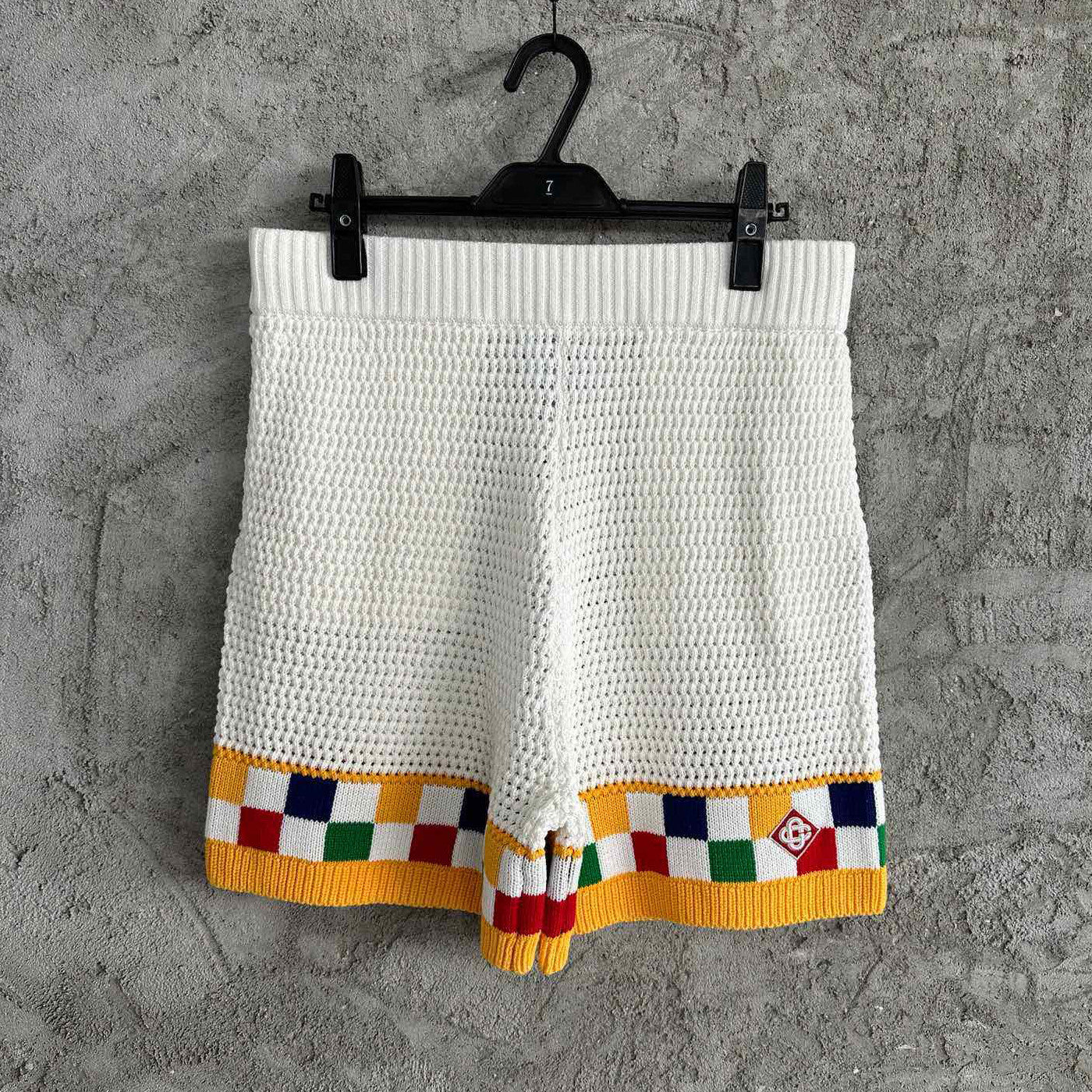 Casablanca Men's Summer Color Block Crochet V-Neck Knit Single Breasted Short Sleeve Shirt Shorts Set Suit #72869