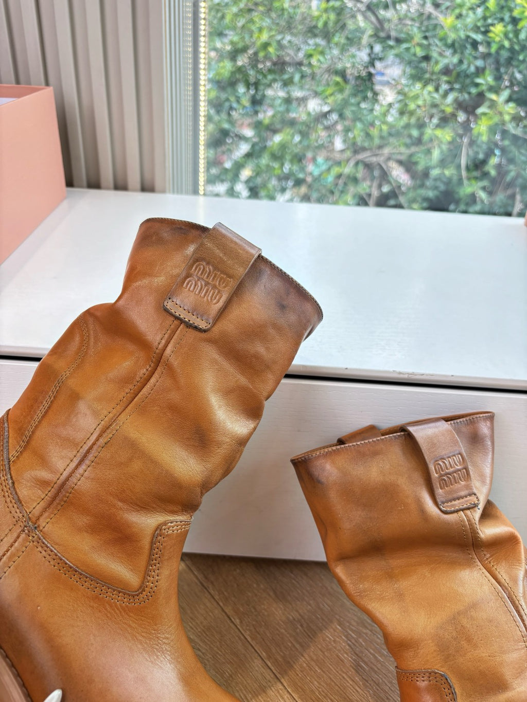 MiuMiu Women's Fall/Winter Fashion Classic Solid Color Leather Round Toe Slip On Chunky Heel High Top Biker Style Boots Shoes #79484