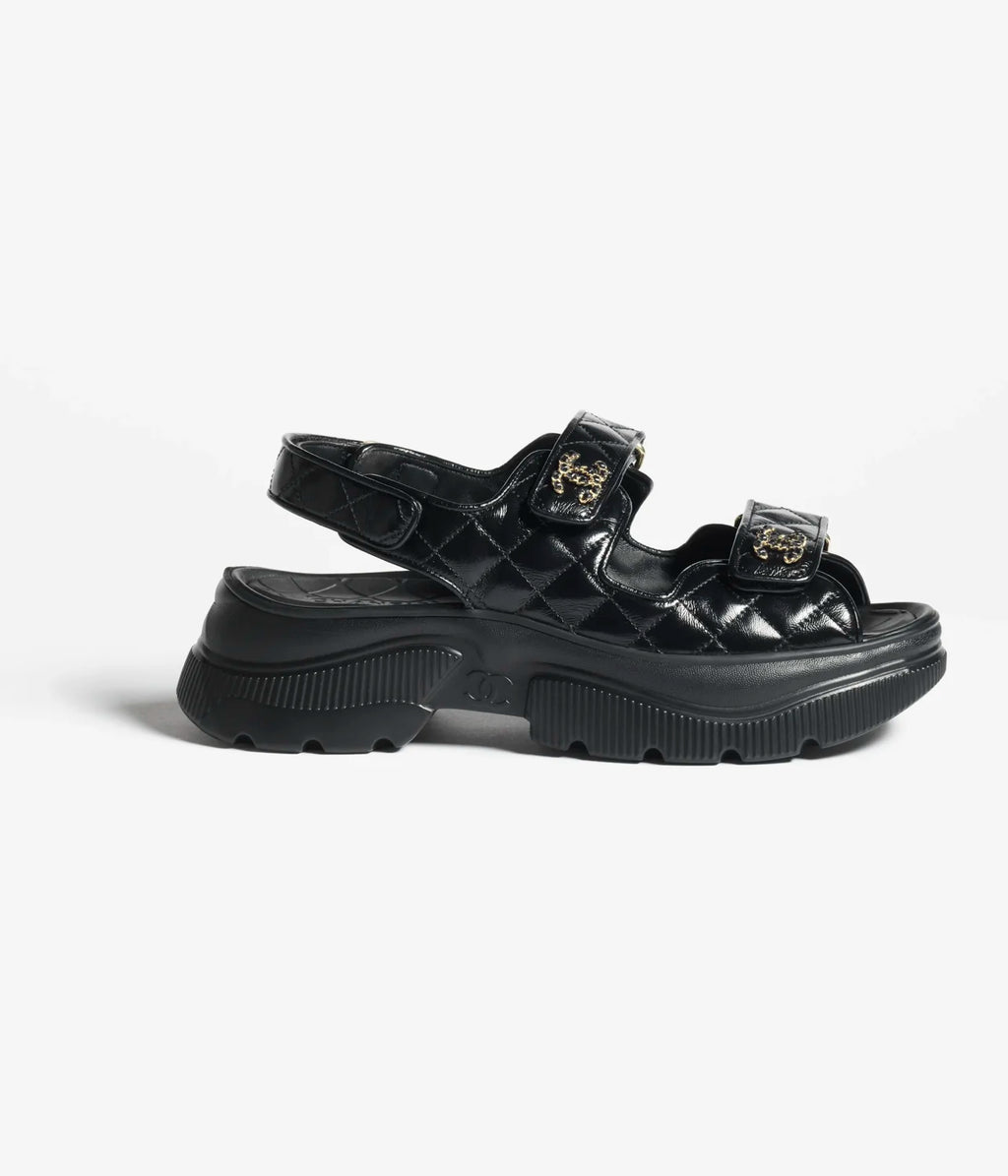 Chanel Sandals Shiny Calfskin Black White #376185