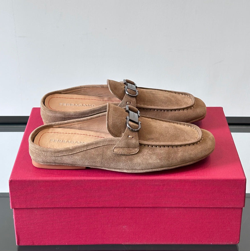 Ferragamo Men's Spring/Fall Solid Color Classic Calfskin Round Toe Open Back Mule Shoes #78195