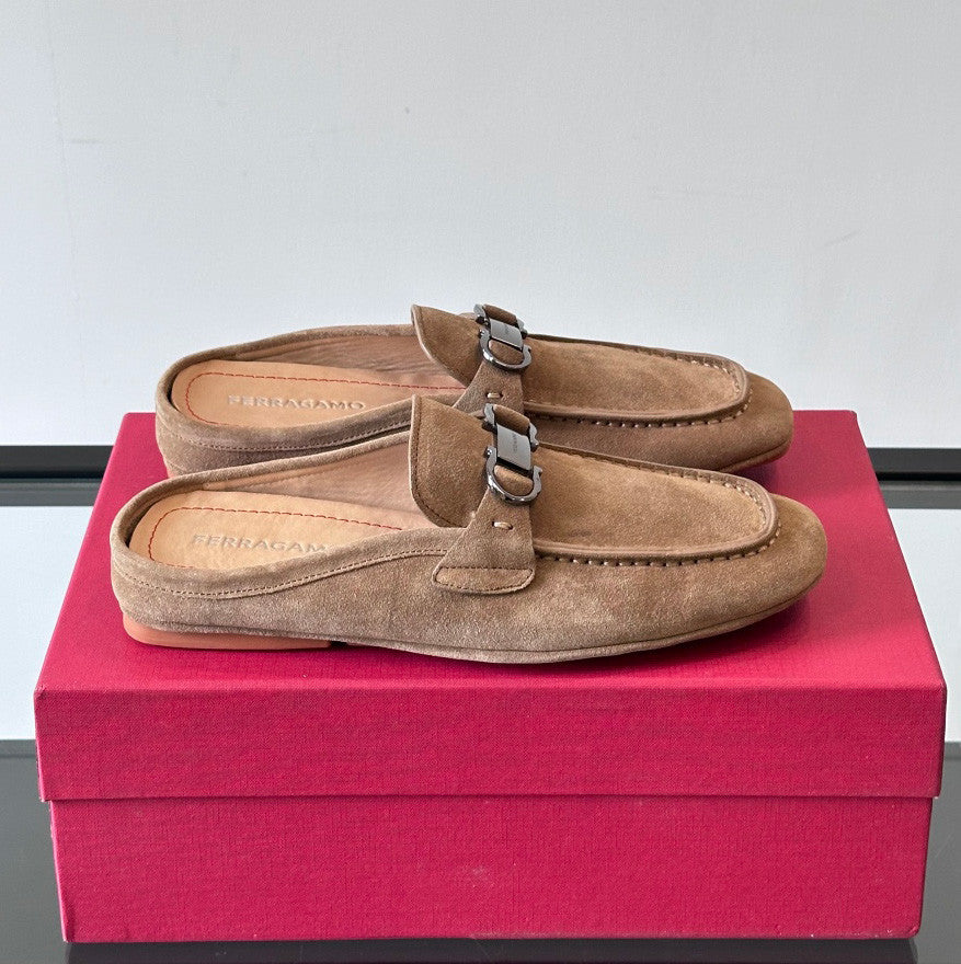 Ferragamo Men's Spring/Fall Solid Color Classic Calfskin Round Toe Open Back Mule Shoes #78195
