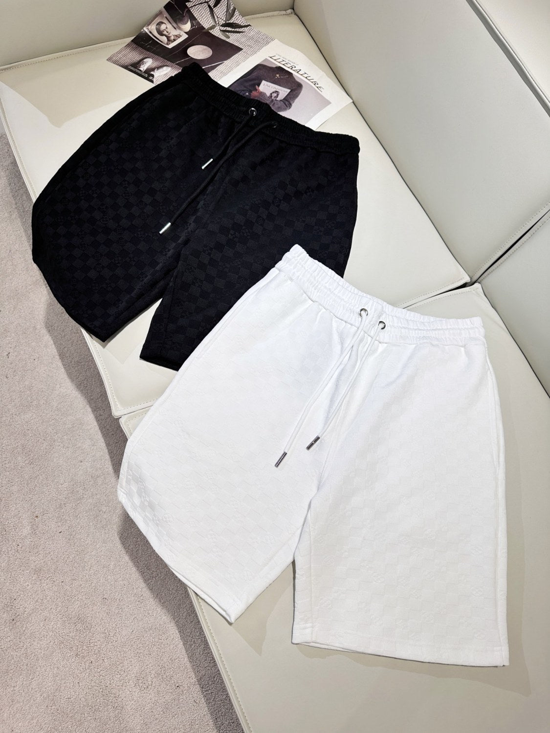 Louis Vuitton Men's and Women's Summer Checkerboard Printed Cotton Round Neck Short Sleeve T-Shirt Drawstring Tie Shorts Set Suit #99646