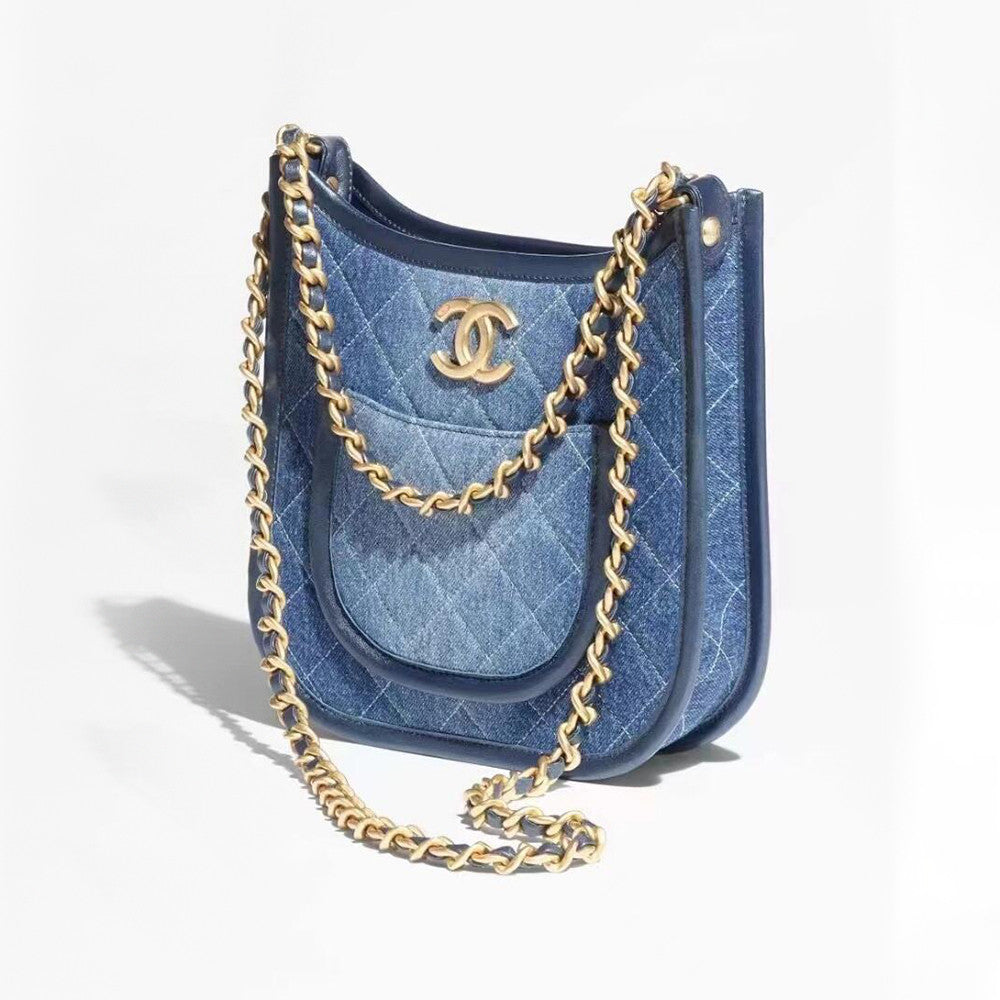 Chanel Denim Hobo Bags Stylish Metal Chain Accents Patchwork Denim Logo Crossbody Elegant And Fashionable Vacation Bag #195813