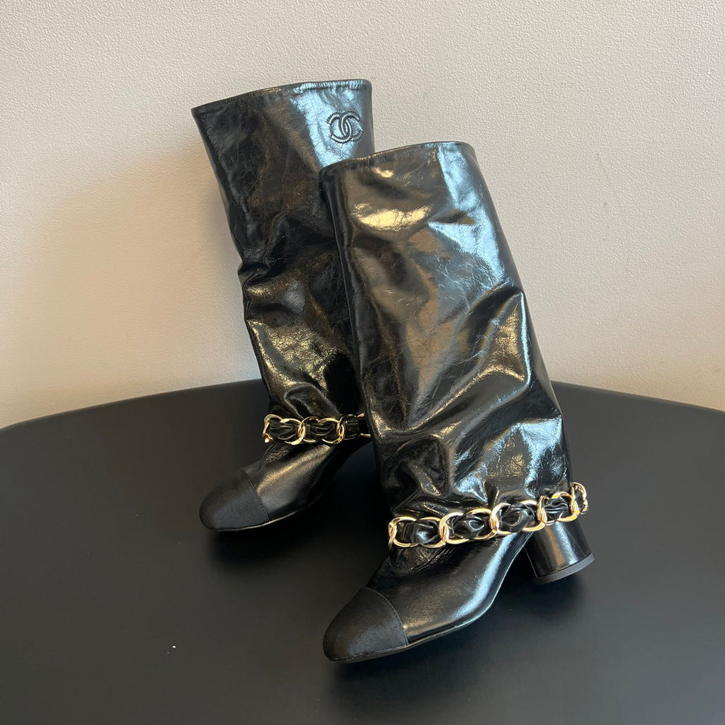 Chanel Women's Solid Color Round Toe Leather High Top Riding Boots Shoes #77819
