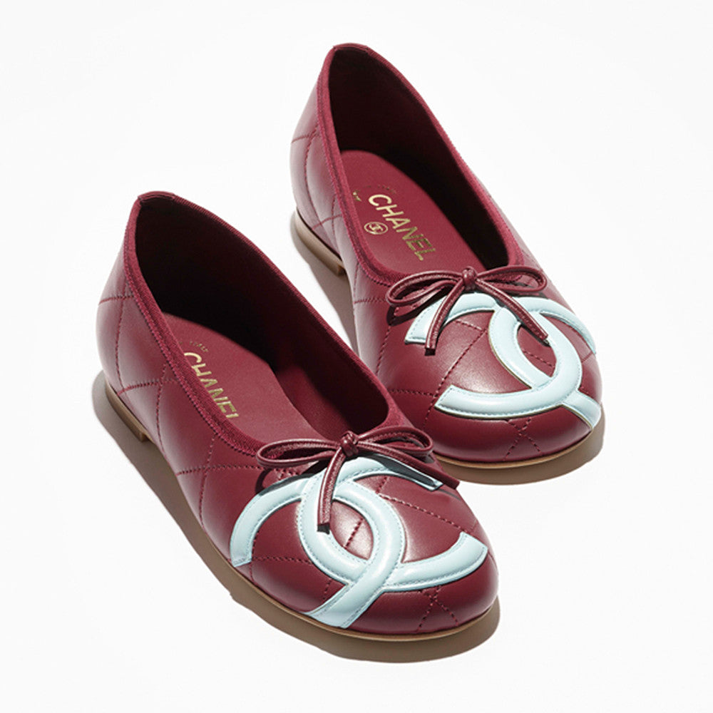 CHANEL Ballet Flats Lambskin Burgundy Light Blue #386254