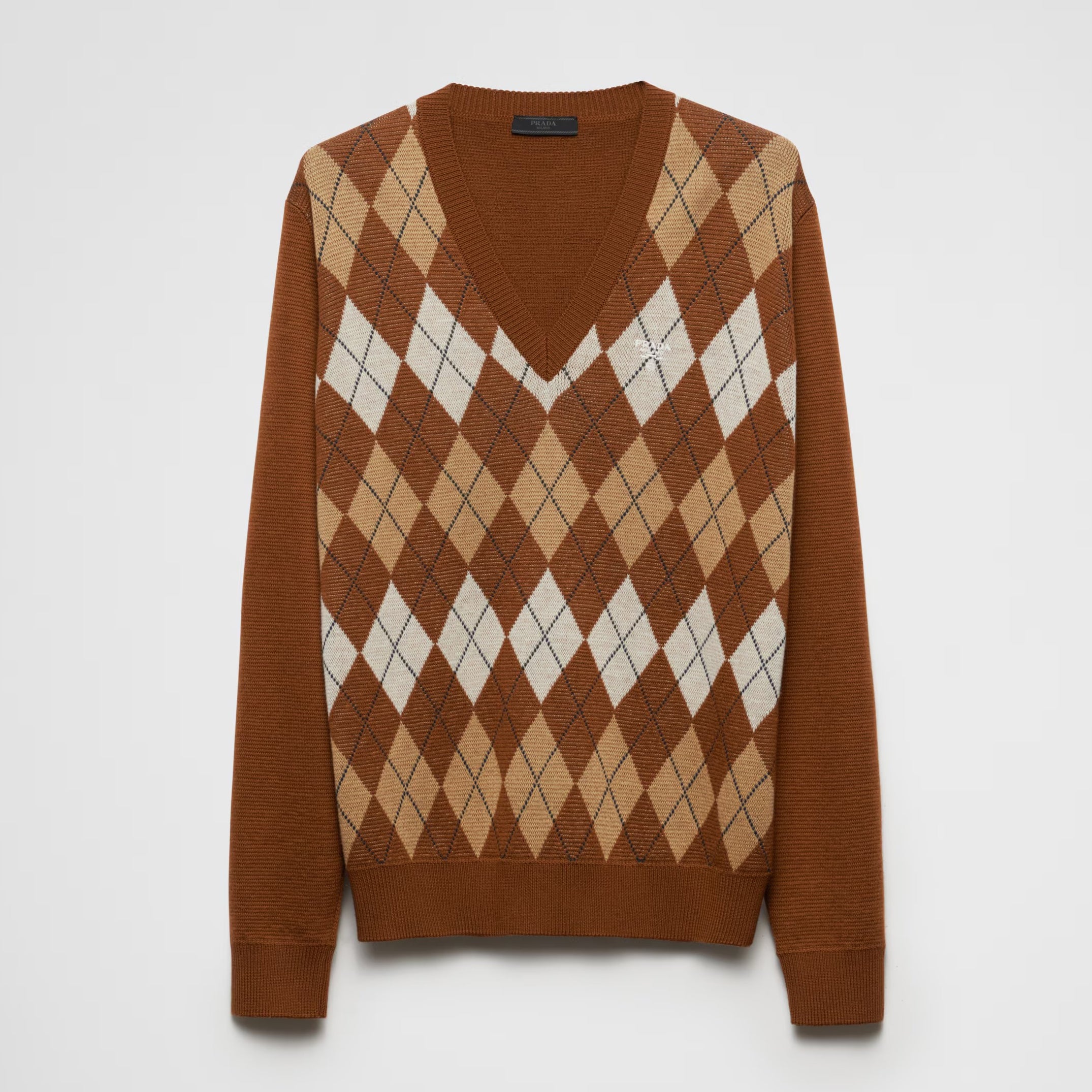 Prada Men's Spring And Fall Brown Diamond Applique V-neck Knitted Wool Casual Long Sleeved Sweater #73612