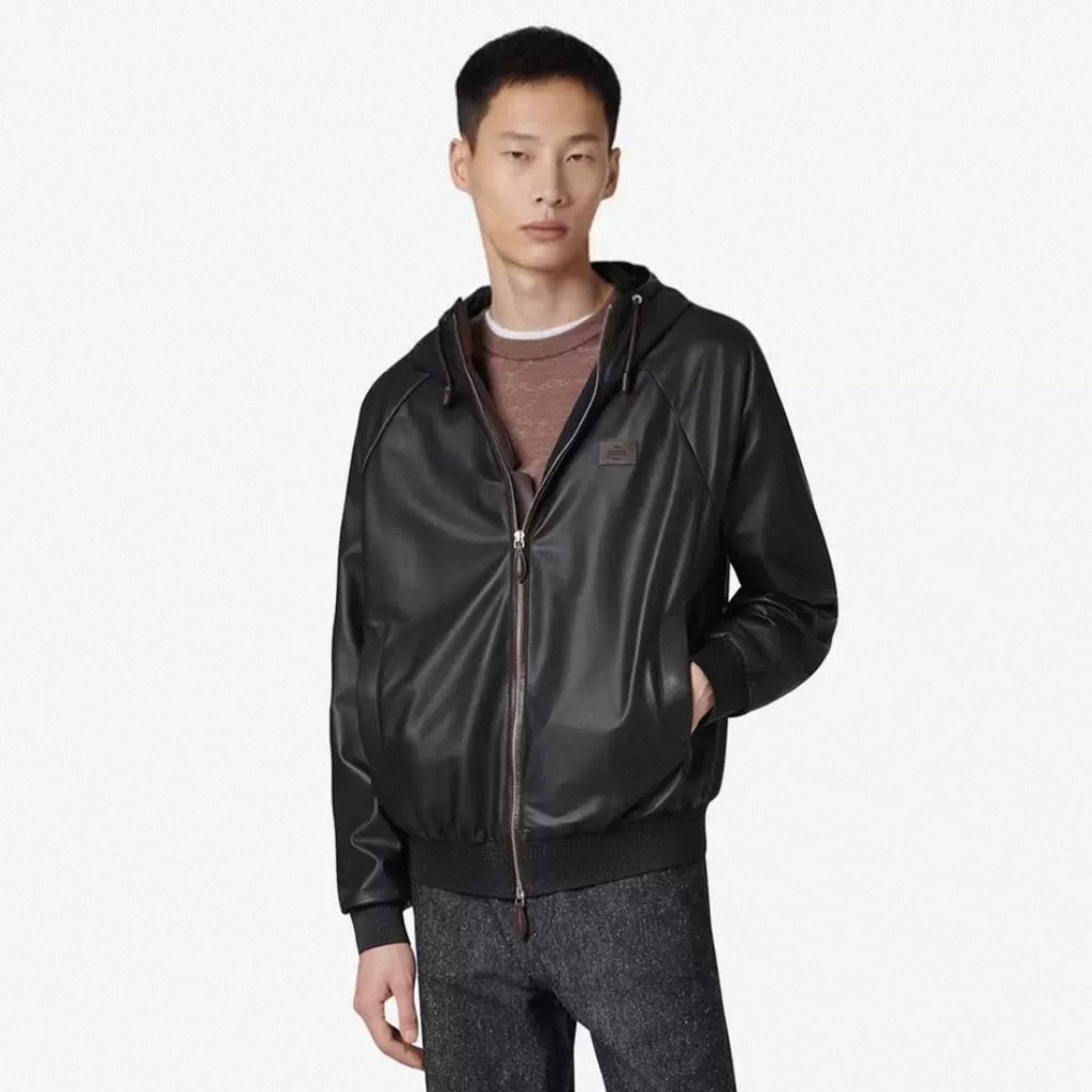 Berluti Men's Spring/autumn Fashion Casual Solid Color Zipper Leather Hooded Long Sleeve Jacket #78367