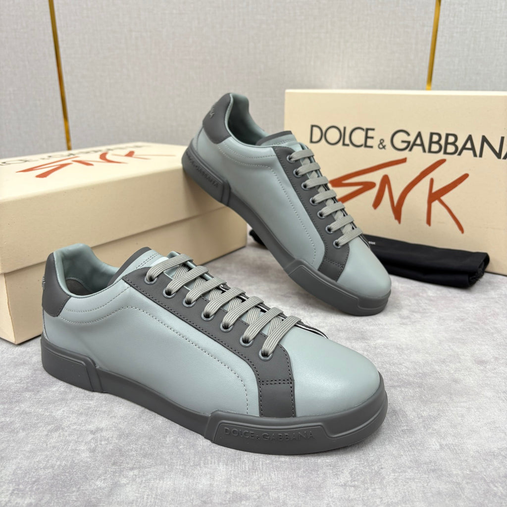 Dolce&Gabbana Men's And Women's Spring/Fall Fashion Casual Round Toe Lace Up Solid Color Leather Printed Rubber Sole Sneakers Shoes #78728