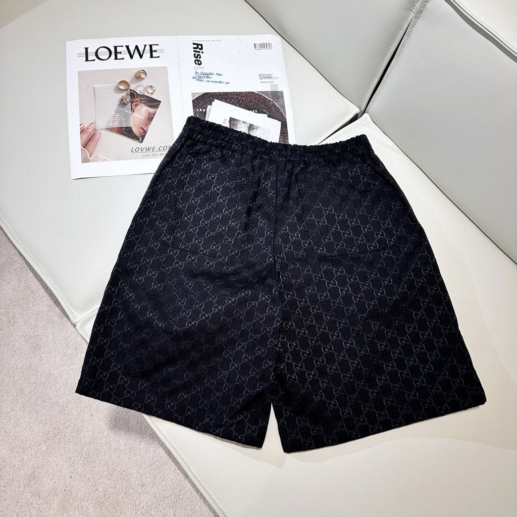 Gucci Men's Summer Black Full Printed Linen Short Sleeve Lapel Cotton Shirt Stretch Shorts Suit Set #98562