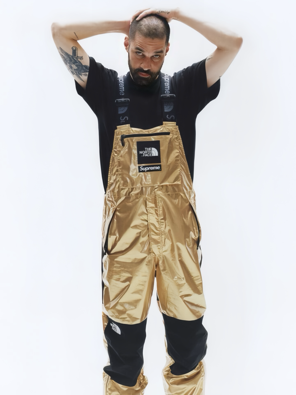 Supreme X The North Face Men's Winter Nylon Metallic Single Breasted Zip Hooded Jacket Bib Pants Overall Set Suit #97741