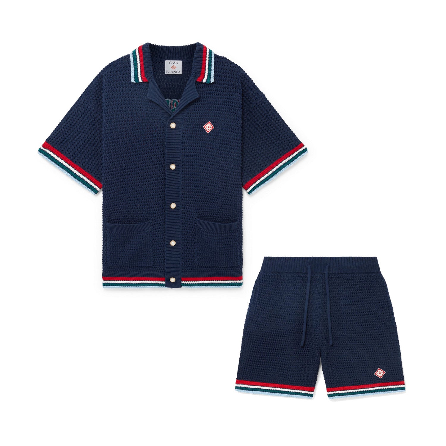 Casablanca Men's Summer Solid Color Skeleton Knit Breathable Single Breasted Short Sleeved Shirt Drawstring Tie Casual Knit Shorts Suit Set #76525